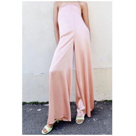 NWT ZARA Womens Strapless Pink Satin Wide Leg Jumpsuit Bloggers Favorite Size l - Picture 2 of 14